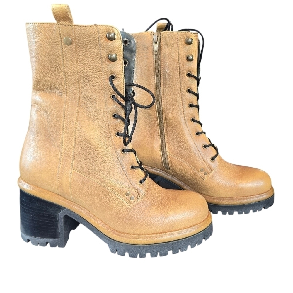 Paola Ferri Leather Lace Up Combat Boots Chunky Heel Zip Boots Size EU 38 US 8